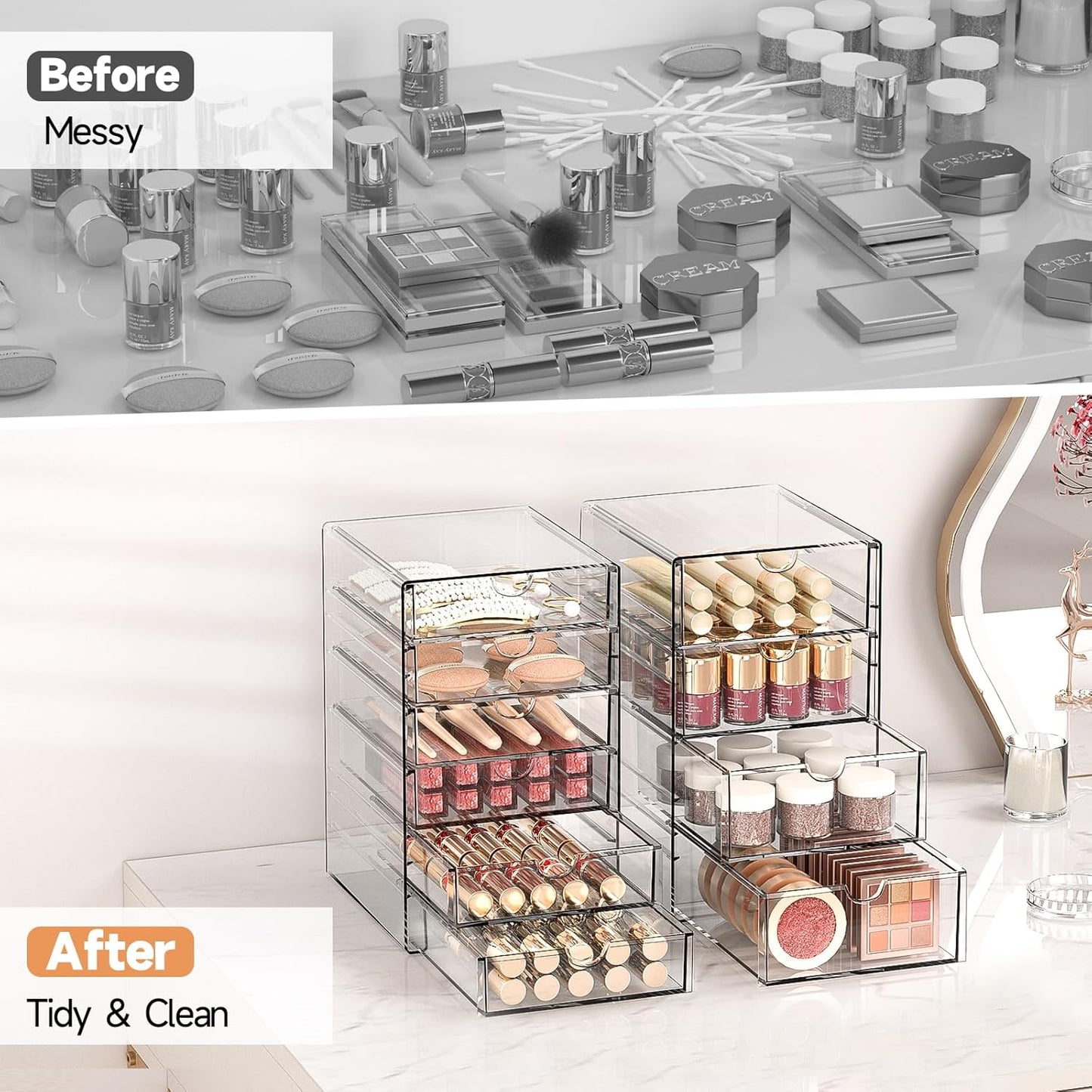 Makeup Drawer Storage Organizer with 20 Drawers, 4 Set Acrylic Office Desk Organization and Storage, Dustproof Drawer Organizer for Makeup, Office, Countertop, Jewelry, Pen, Desktop, Bathroom, Bedroom