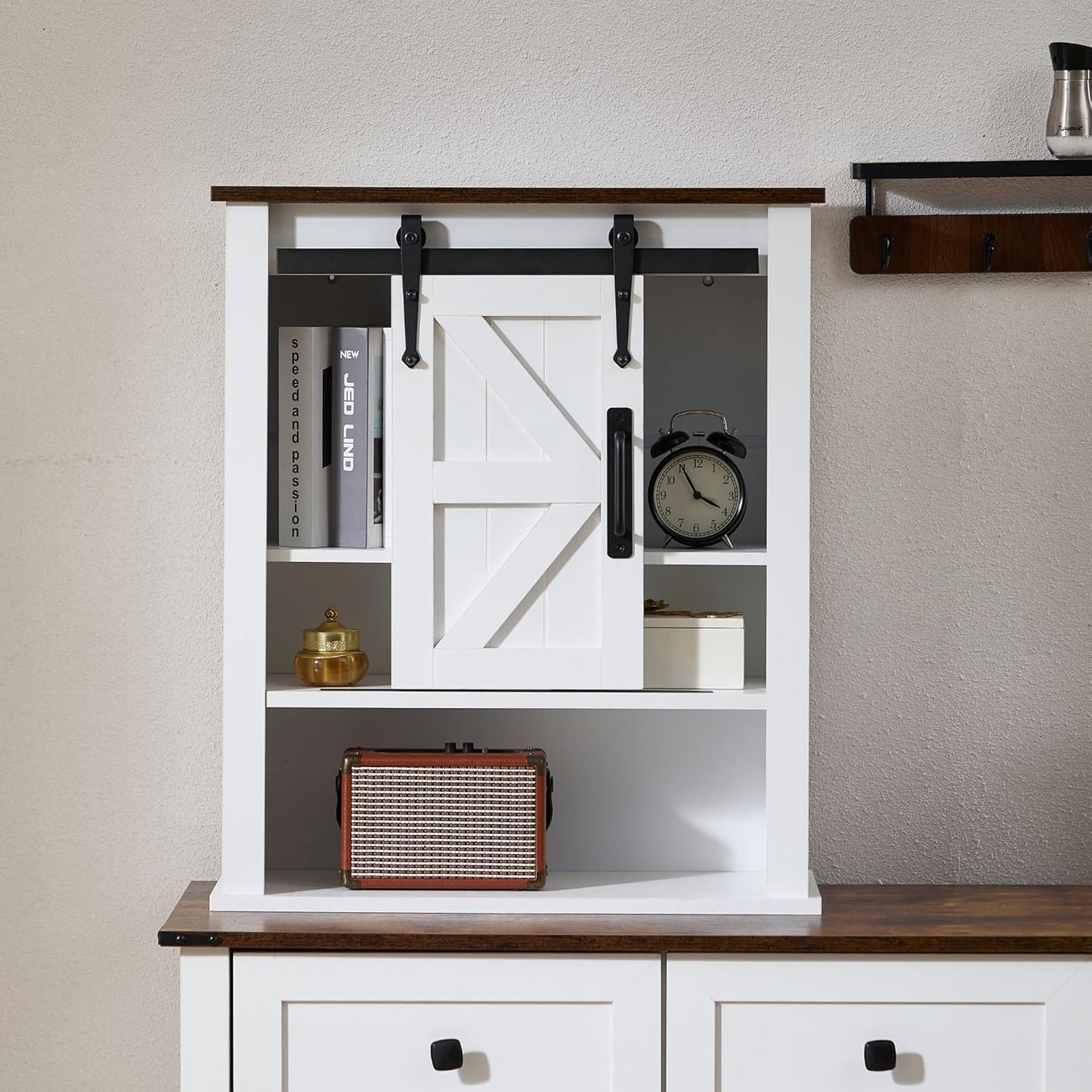 28" Wall Cabinet, Wooden Medicine Cabinet Adjustable Shelves, Over Toilet Storage Cabinet with Sliding Barn Door for Bathroom/Kitchen/Laundry, Brown with White