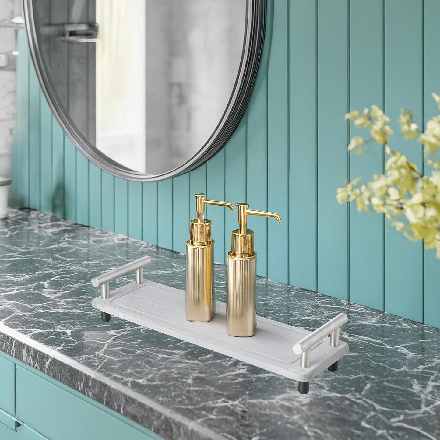 2PCS Instant Stone Drying Tray for Bathroom Kitchen, Bathroom Counter Decoration, Quick Dry Stone Sink Tray, Fast Drying Sink Caddy, Water Absorbing Sink Caddy (Light Grey & Silver Handle, Small)