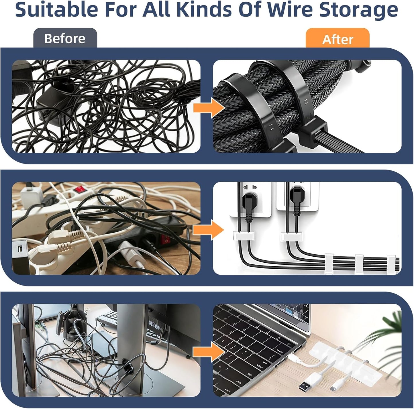 319pcs Cable Management Organizer Kit, Desk Cord Organizer, 98 Adhesive Cable Clips Holder, 17 Reusable Cable Strap, 4 Cable Sleeve Split, and 200 Nylon Cable Zip Ties (White)