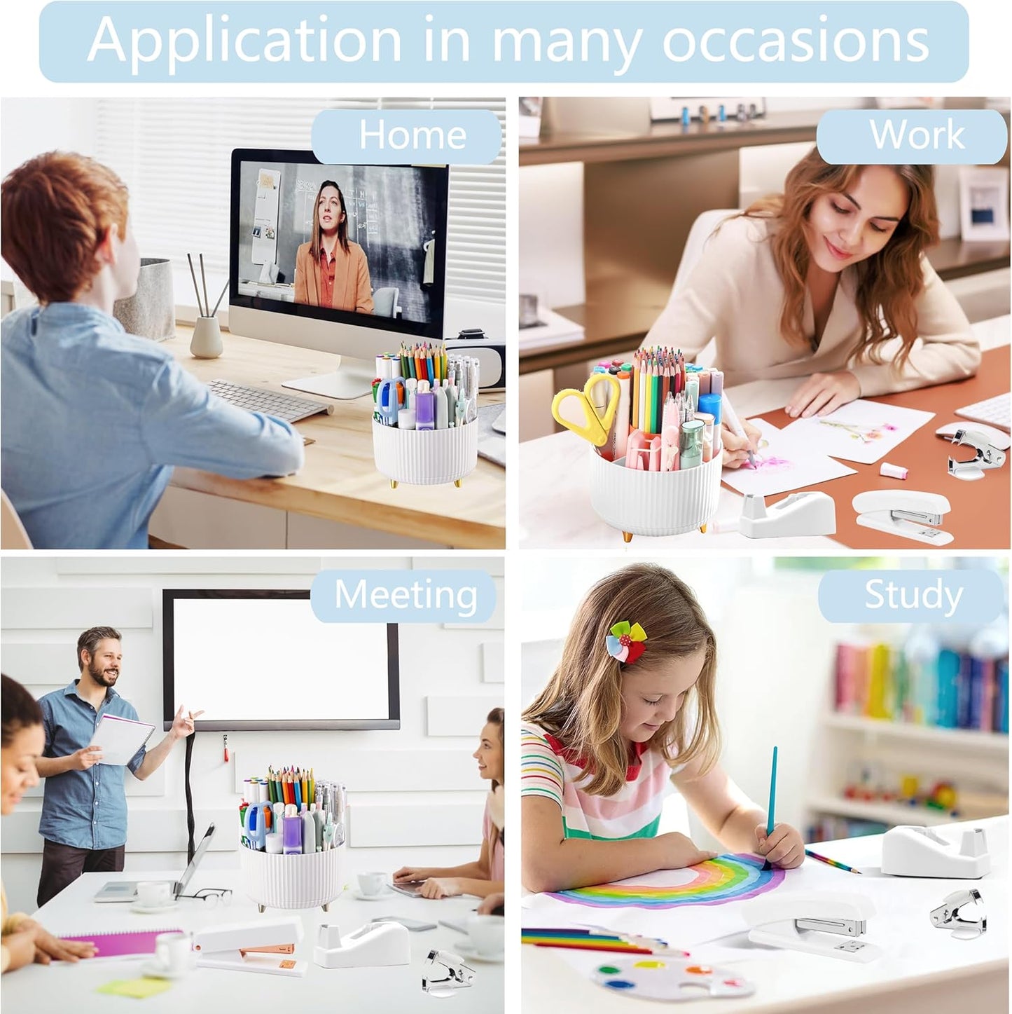 Office Desk Accessories, White Office Supplies 360°Pen Holder Desk Organizers And Accessories with Tape Dispenser, Stapler, Staple Remover, 1000 Staples, Tape, Clips Set, Ruler, Scissor, Pen