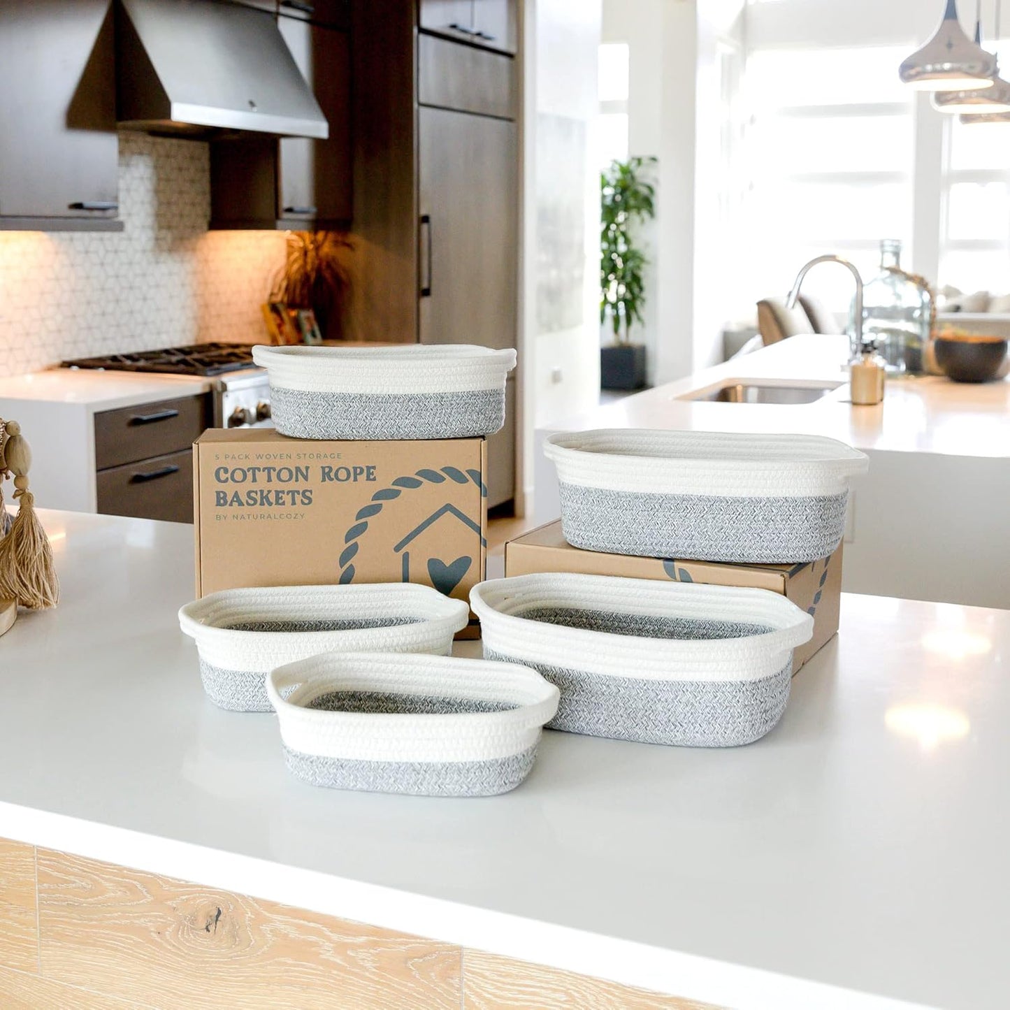 NaturalCozy 5-Piece Rectangle Storage Basket Set- Natural Cotton Rope Woven Baskets for Organizing! Small Basket for Montessori, Baby Nursery, Dog Toy Baskets, Cat Toy Box, Bathroom Organization Bin