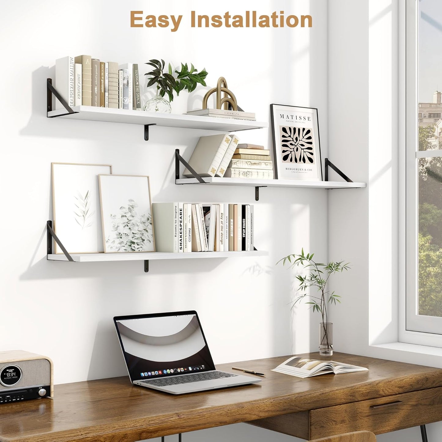 Fun Memories Floating Shelves for Wall, 36 Inches Long Set of 3 Wall Shelves for Bedroom, Floating Bookshelves with Metal Brackets for Living Room, Kitchen, Bedroom and Laundry Room (White)