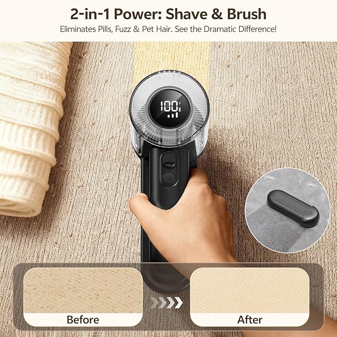 Rechargeable Fabric Shaver, 2-in-1 Lint Remover for Clothing, Furniture, Sweater with 6-Blade, 200ml Container, LED Display, 2000mAh USB-C, 3-Speed Lint Shaver Eliminates Fuzz & Pilling