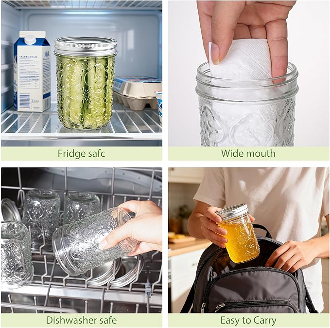 Mason Jars 16oz with Lids-6 Pack Wide Mouth Glass Mason Jar Vintage Glass Canning Jars with Metal Lids for Canning, Pickling, Food Storage