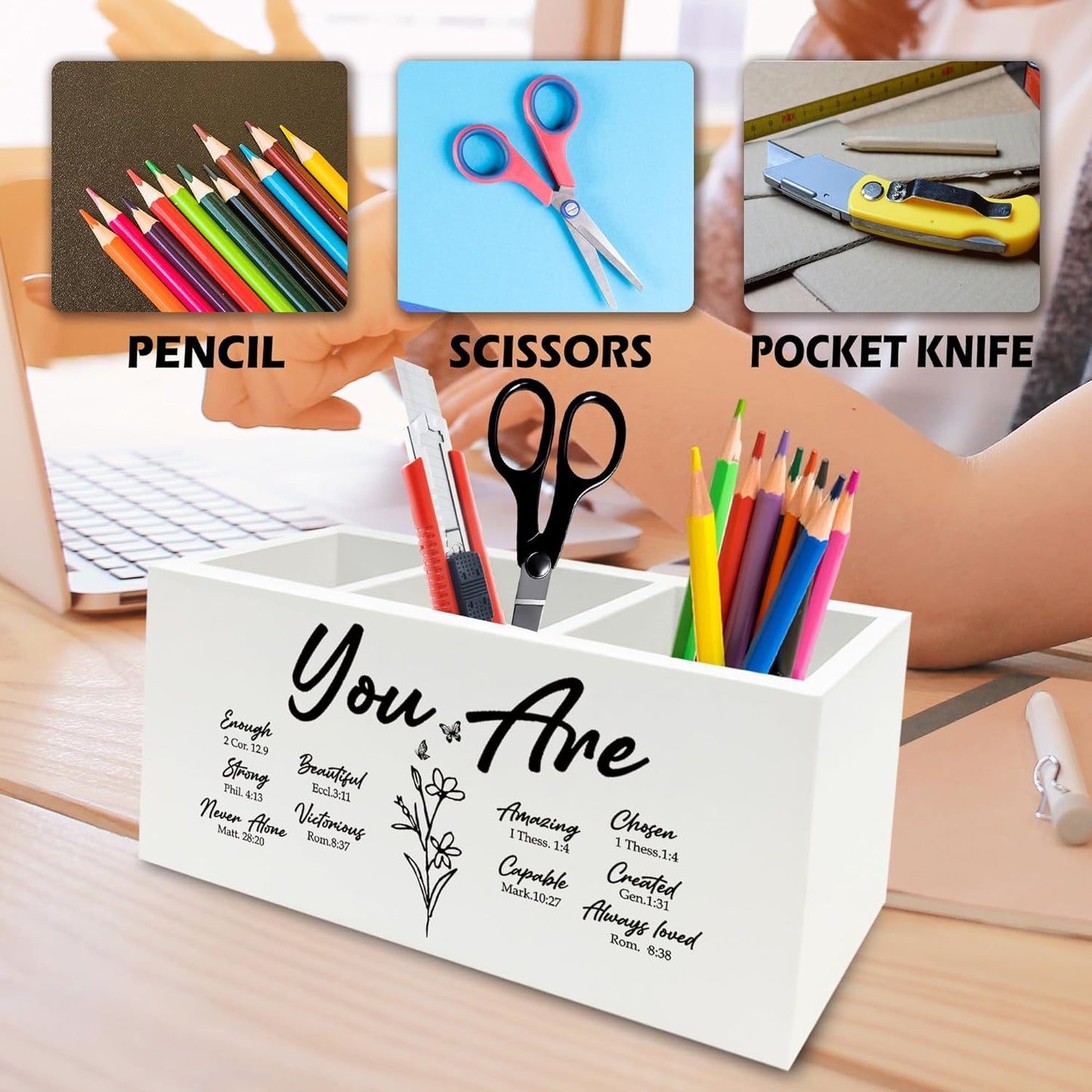 You Are Christian Pen Pencil Holder Organizer for Desk, Christian Gifts for Women, Floral Inspirational Bible Verse Wooden Box Signs Decorations for Home Office Desk Tabletop