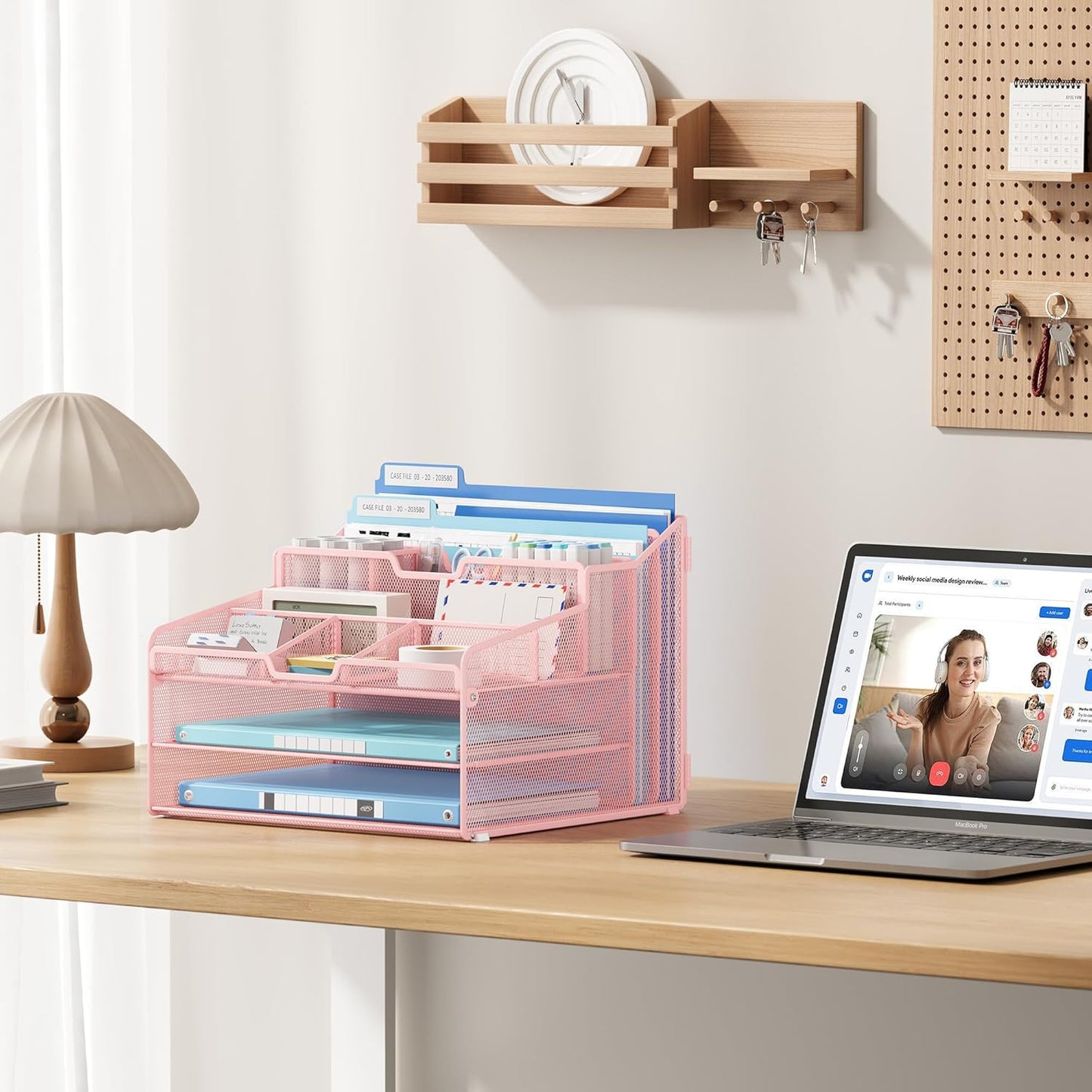 Lavatino Desk Paper File Organizer - Metal Mesh with 2 Letter Trays, 7 Flexible Dividers, 2 Vertical File Folder Holders for Office/Home/Classroom Supplies, Desk Organizers and Accessories, Pink