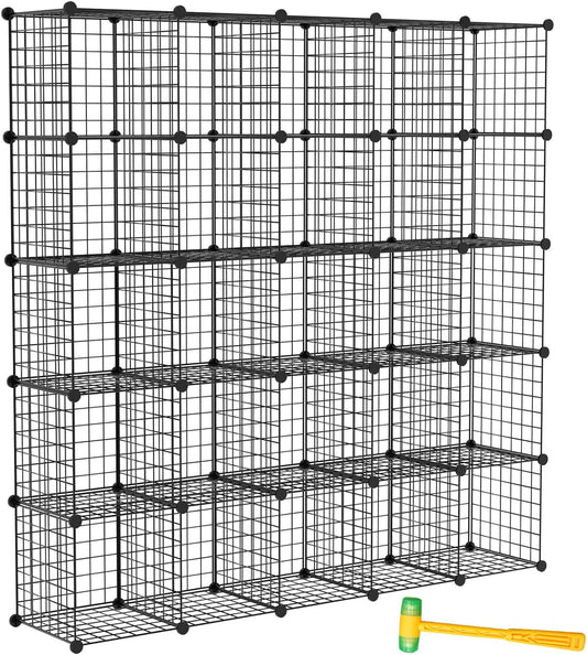 TUMUCUTE Wire Cube Storage Organizer, 25-Cube Modular Mental Grids Bookshelf, DIY Stackable Closet Cabinet for Bedroom Living Room, Office, Iron