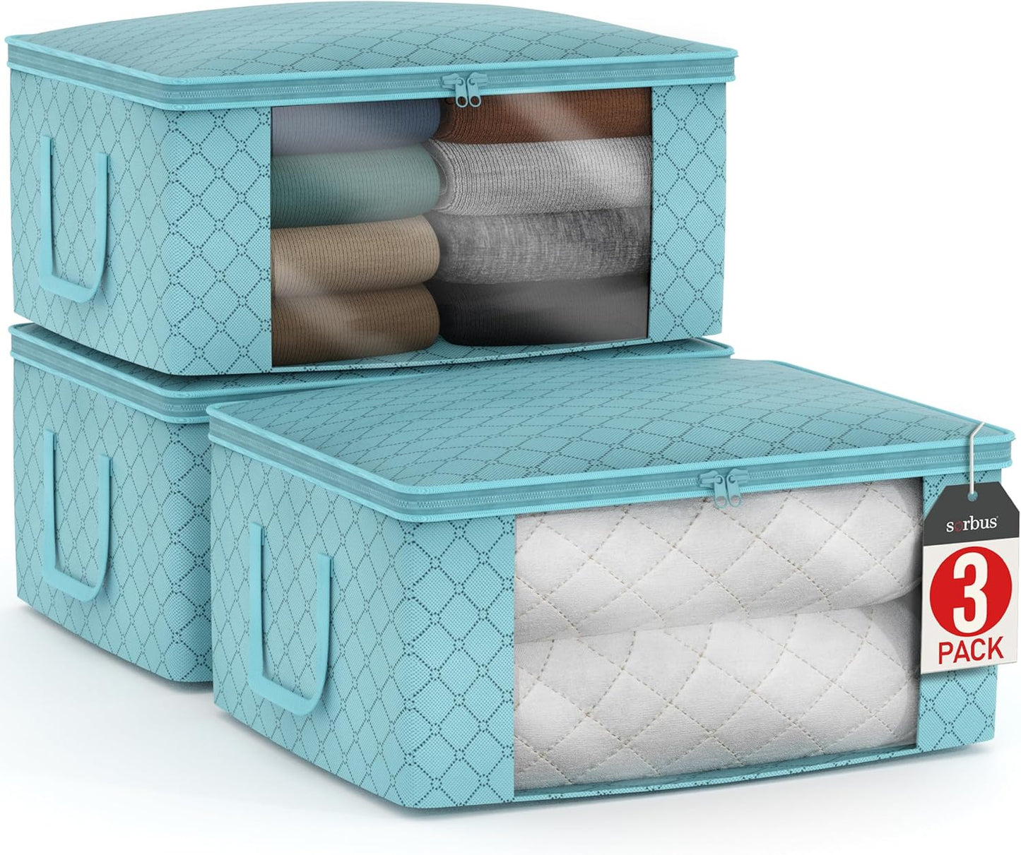 Sorbus Foldable Storage Bag Organizers, Large Clear Window & Carry Handles, Great for Clothes, Blankets, Closets, Bedrooms, and more (3-Pack, Aqua)