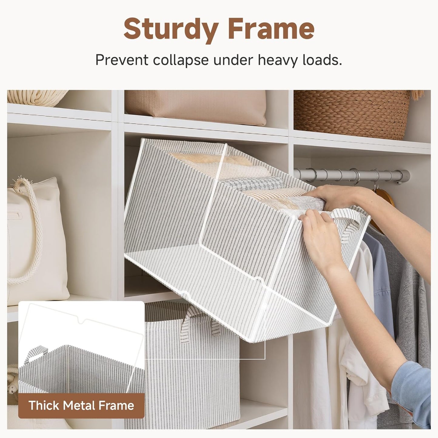 StorageWorks Storage Bins, Fabric Storage Bins for Shelves, Extra Large Storage Baskets with Metal Frame, Closet Baskets and Bins with Handles, Jumbo, Gray and White Stripes, 2-Pack