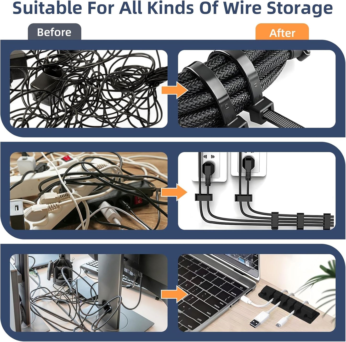 319pcs Cable Management Organizer Kit, Desk Cord Organizer, 98 Adhesive Cable Clips Holder, 17 Reusable Cable Strap, 4 Cable Sleeve Split, and 200 Nylon Cable Zip Ties (Black)