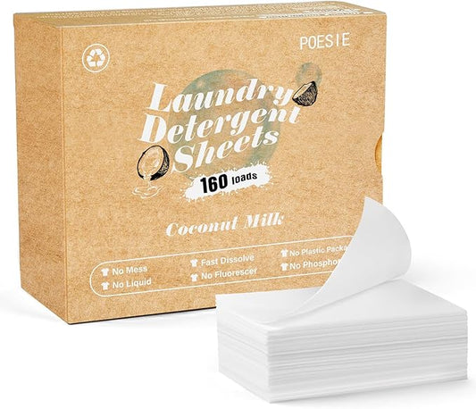 Poesie Laundry Detergent Sheets Coconut Milk Scent 160 Count Non Plastic Jugs Portable Laundry Soap Sheet for Clothes Washing Indoor and Outdoor Essentials