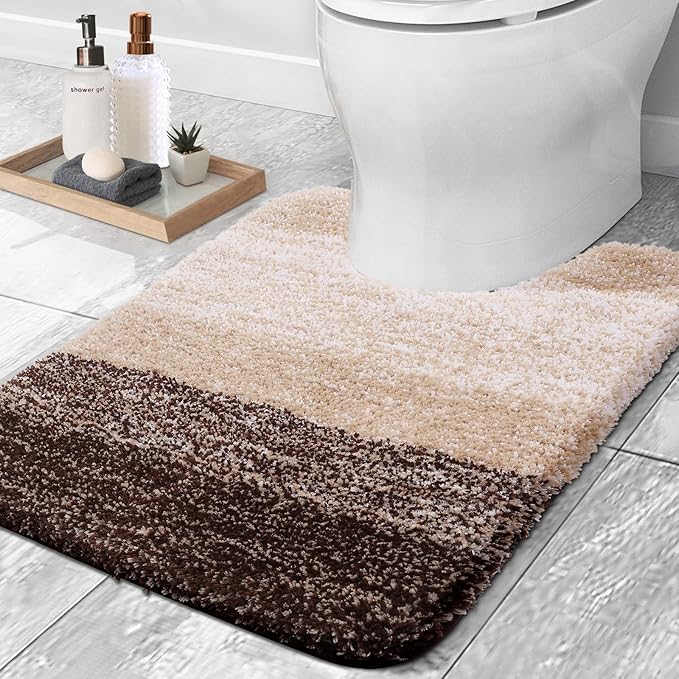 OLANLY Luxury Toilet Rugs U-Shaped 24x20, Extra Soft and Absorbent Microfiber Bathroom Rugs, Non-Slip Plush Shaggy Bath Mat, Machine Wash Dry, Contour Bathroom Mats for Toilet Base, Brown