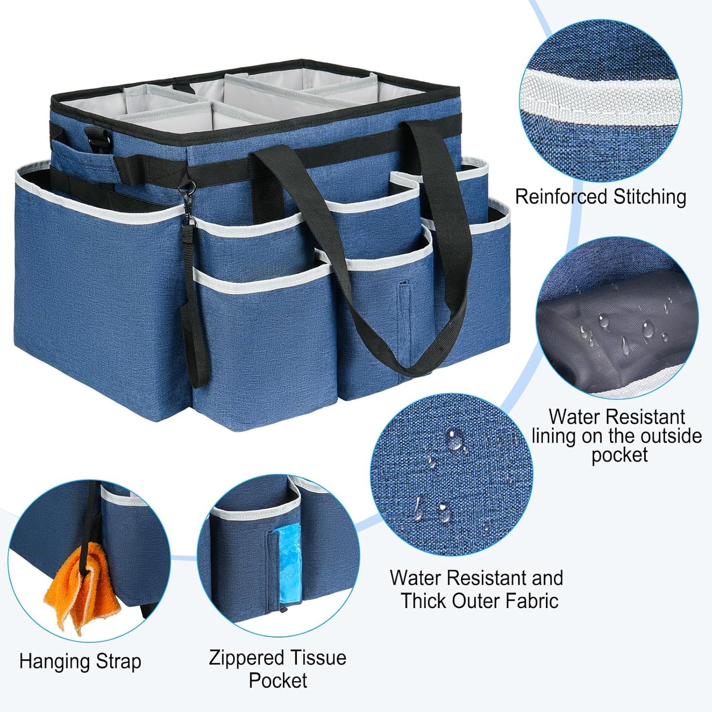 Large Rolling Cleaning Caddy Bag with Detachable Trolley,Cleaning Cart on Wheels with Shoulder Strap,Cleaning Supplies Organizer for Housekeepers,Blue