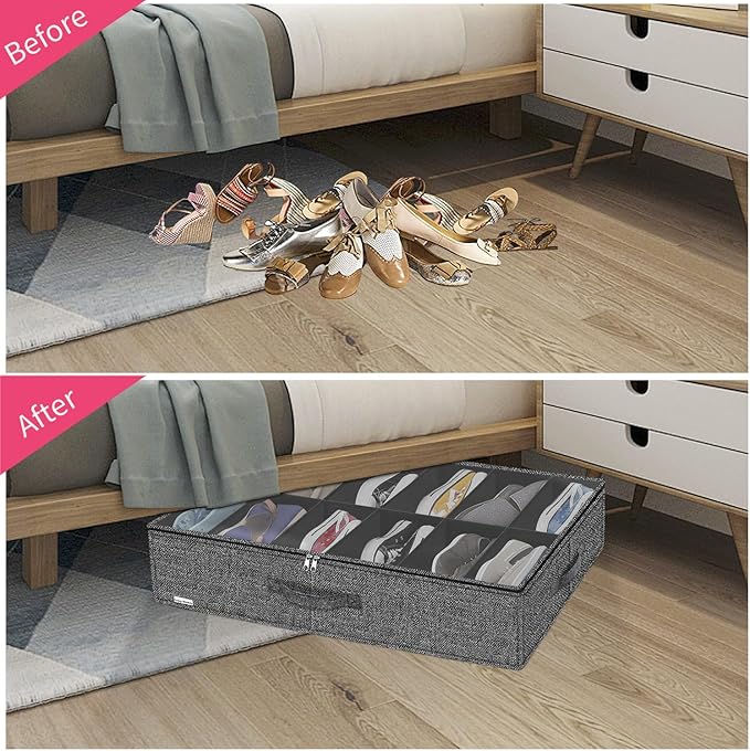 Sturdy Closet Under Bed Shoe Organizer Set of 2 (Fit 12+12 Pairs), Foldable Underbed Shoe Storage Box Bin with Zippers & Handles, Organizador De Zapatos, Linen-like Black, ZMXAUBSB2P