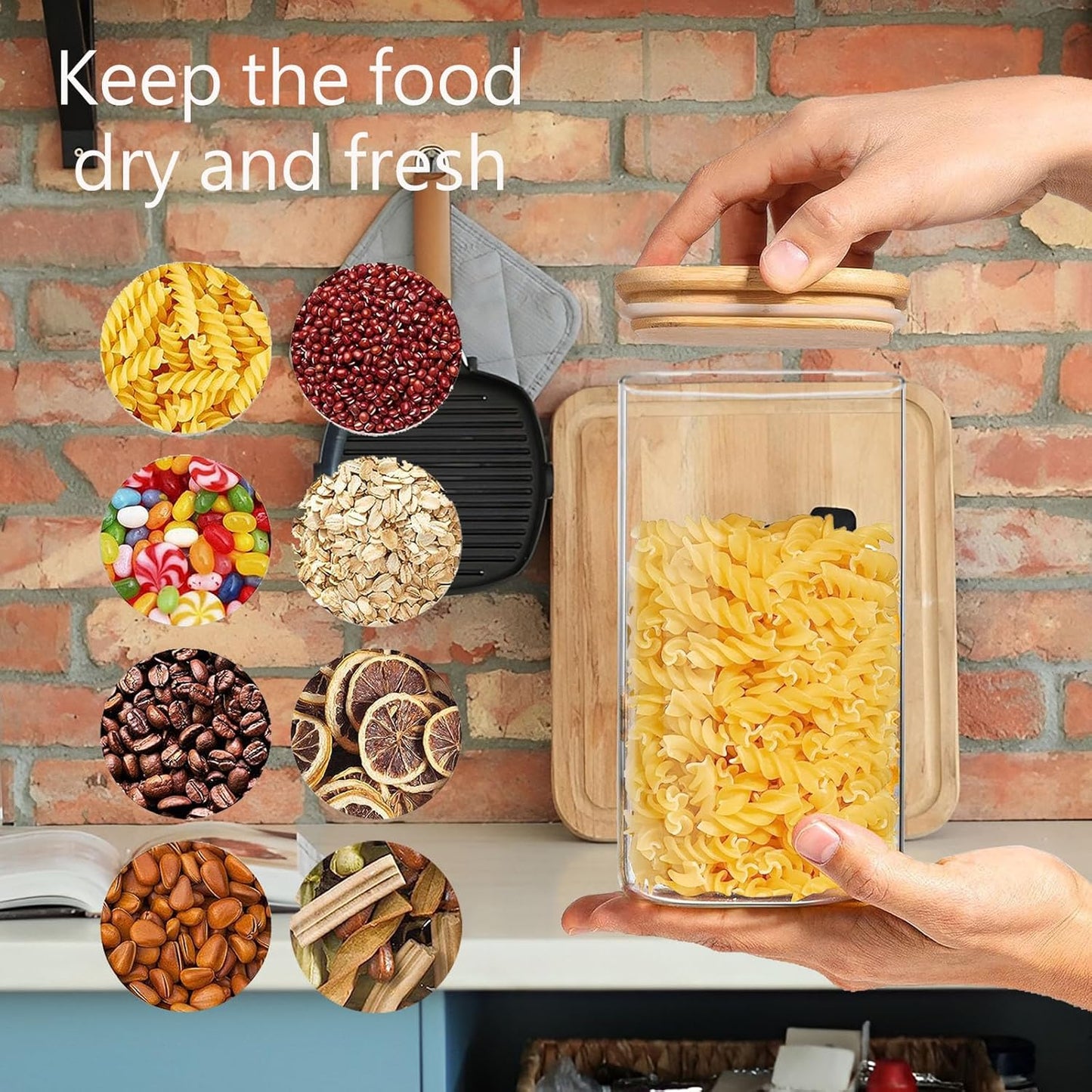 1.6 Qt Square Glass Storage Containers with Lids, Clear Food Storage Container Jar with Sealing Bamboo Lid for Noodles Flour Cereal Rice Sugar Tea Coffee Beans (Square-3Pack)