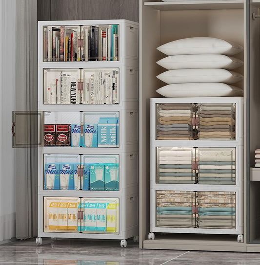 Extra Large Stackable Storage Bins with Lids & Wheels & Door, 416QT-52QT/13GAL*8Pack Foldable Collapsible Closet Organizers, Plastic containers drawers for bedroom Dorm