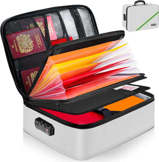 Noiposi Document Organizer with Lock, 15.0"x11.0"x4.3" Waterproof & Fireproof Document Box, Portable Home Safe Storage for Important Files, Silver