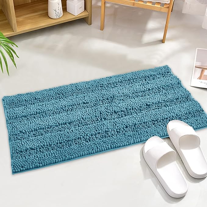 KGORGE Machine Washable Shower Rugs - Water Absorbent Non Slip Soft Quick Dry Shaggy Microfiber Small Bath Mats for Kitchen Floor Tub Shower Entryway, Bluish Green, 47" W x 17" L, 1Pc