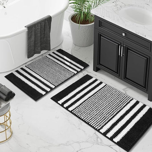 Tindbea Bathroom Rugs Set 2 Piece, Extra Soft and Absorbent Fluffy Striped Chenille Bath Mat Rug Set, Non Slip Bathroom Floor Mat, Machine Washable (20" x 32" Plus 16" x 24", Black)