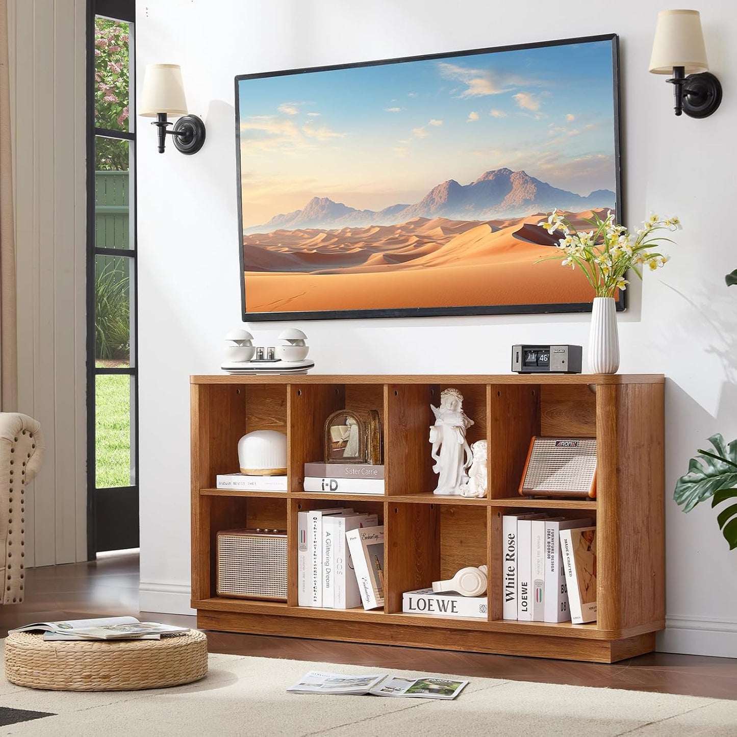 8 Cube Storage Book Shelf, 52" Long Horizontal Bookshelf with Curved Edge, Floor Standing Wooden Cubby Bookcase with Base, Modern Low Console Book Case, TV Stand for Living Room, Brown