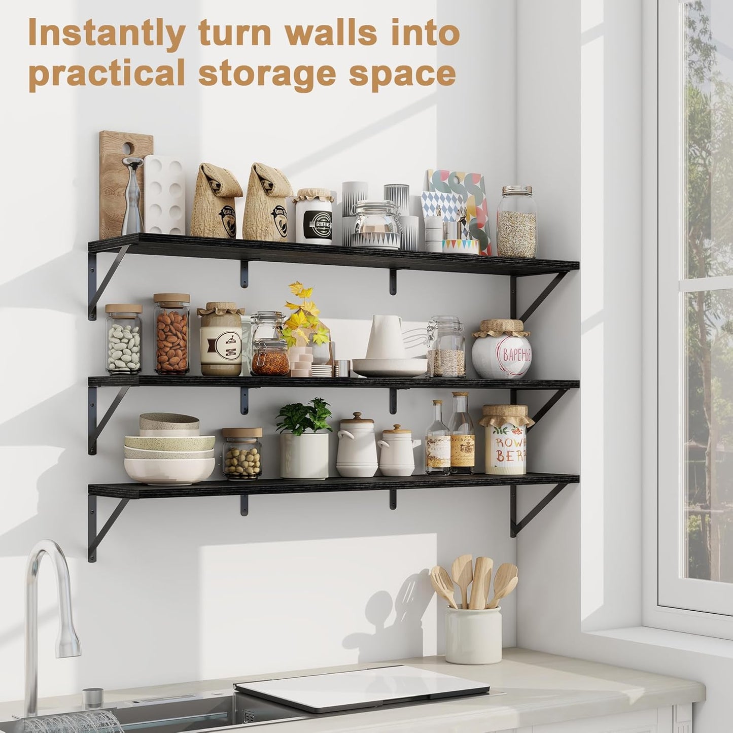 Fun Memories Extra Long Floating Wall Shelves, 48 x 8 Inches, Set of 3 Large Wood Floating Bookshelves with Metal Brackets for Storage & Display (Black)