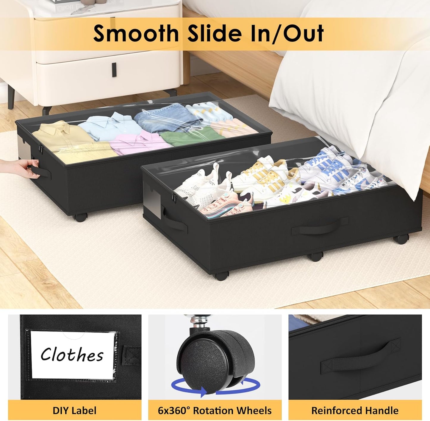Under Bed Storage with Wheels, 2-Pack Under Bed Storage Containers with Clear Lid and Handles, Rolling Underbed Storage Drawers Organizer for Clothes,Shoes,Toys, Books (Black)