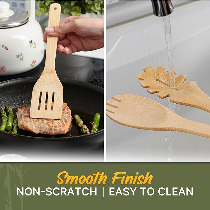 Wooden Utensil Set, Bamboo Utensils – 7 PCs Wood Spoons for Cooking, Easy to Clean, Sturdy, Lightweight & Heat Resistant