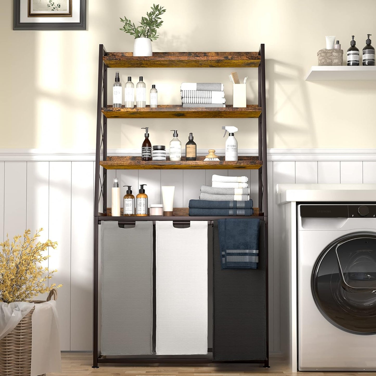 Laundry Basket, 3 Section Laundry Hamper with 4 Tiers Shelf, Pull-Out and Removable Laundry Bags, Large 3 x 15.87 Gallons, for Laundry Room Bathroom Rustic Brown PF05XLN