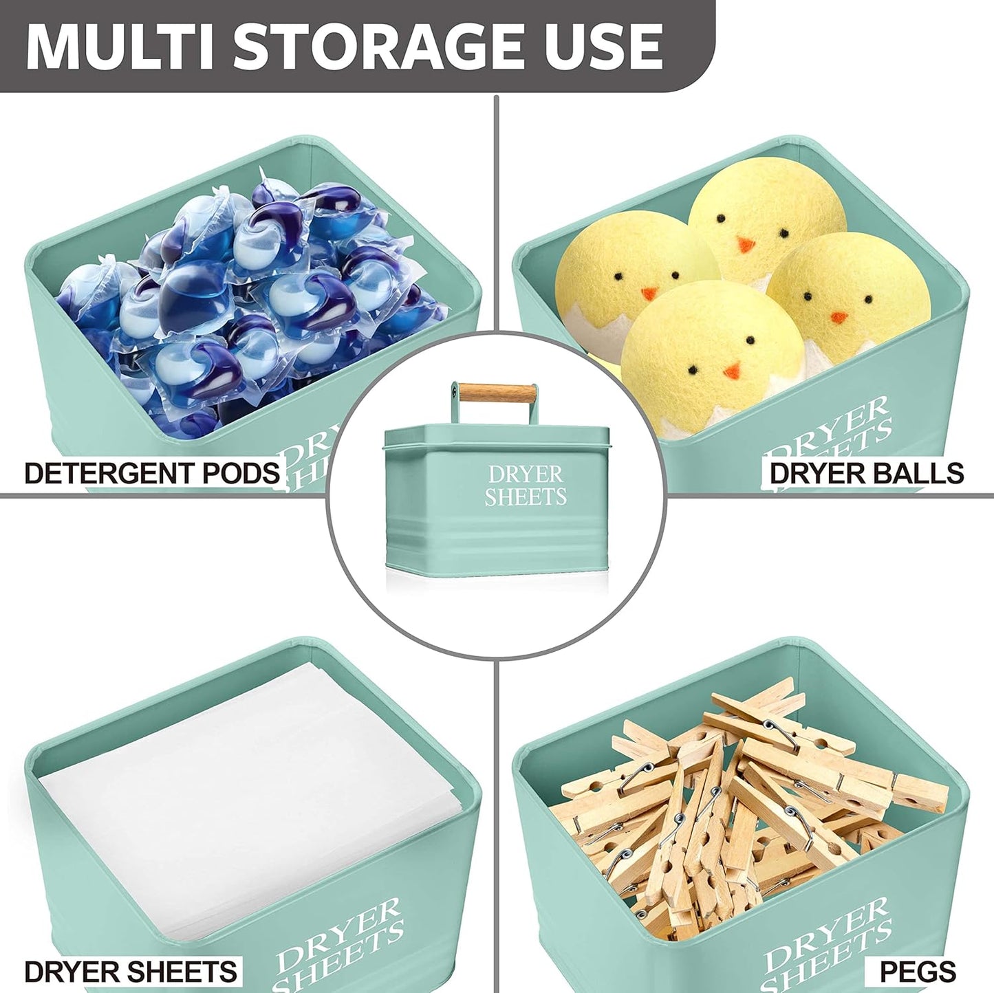 Calindiana Modern Farmhouse Metal Laundry Dryer Sheets Holder Fabric Softener Dispenser with Lid for Laundry Room Decor and Accessories and Space Saving Laundry Room Organization and Storage, Mint