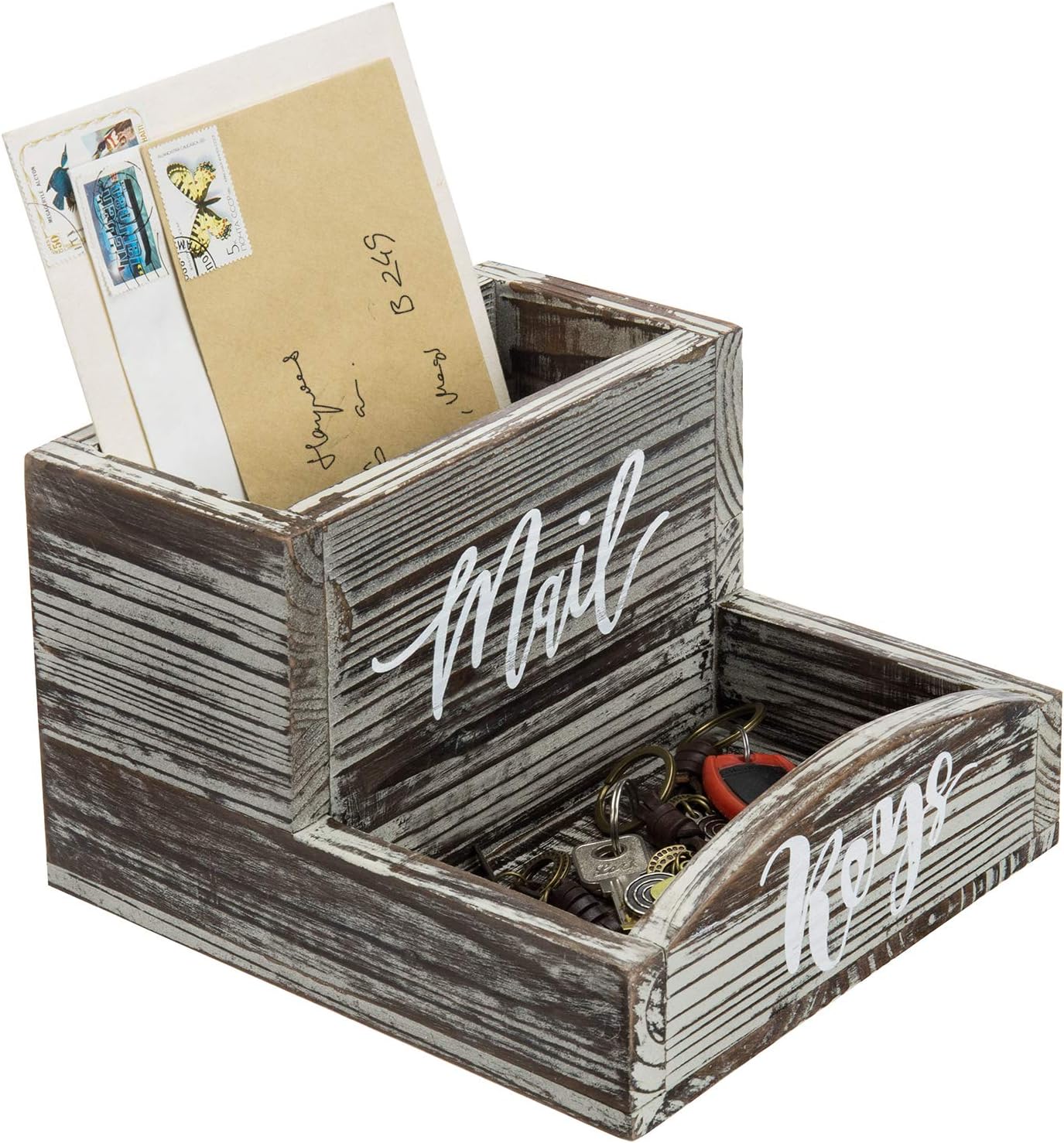 MyGift Rustic Torched Wood Mail Holder and Key Organizer Entryway Storage Tray with Cursive Mail and Keys Word Design, Office, Dorm, Classroom Desktop Organizing Bin