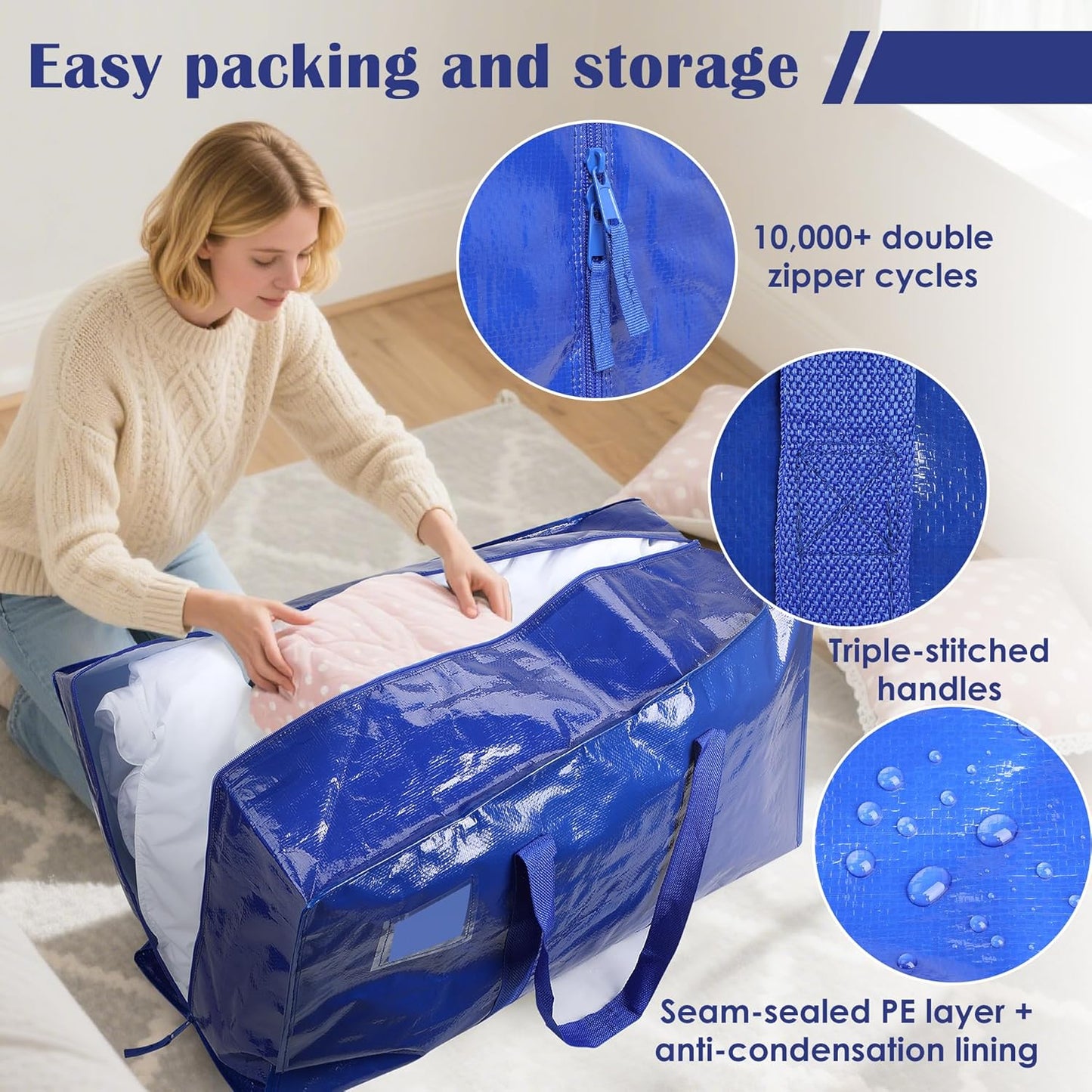 6 Pack Extra Large Heavy Duty Moving Bags with Reinforced Zipper & Wide Handles, Moisture-Resistant Storage Bins Packing Cubes for Clothes, College Dorm, Travel, and Home Organization, Blue