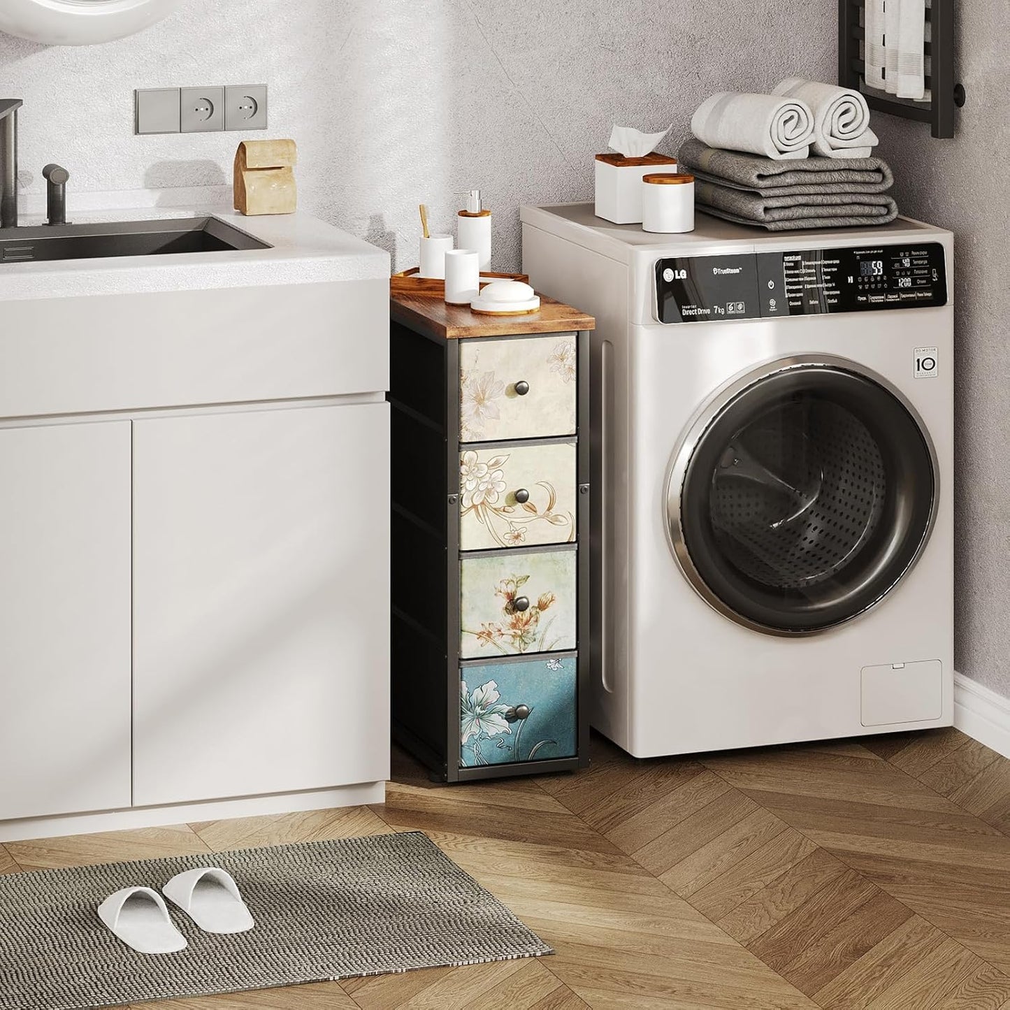 Narrow Dresser, Narrow Nightstand Dresser Storage Tower with 4 Drawers, Slim Fabric Dressers Chest of Drawers for Small Spaces, Retro Flower Dressers, for Bedroom Bathroom Laundry Closet, Vintage