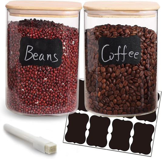 Large Glass Flour and Sugar Containers, Set of 2-120 oz Glass Food Storage Containers with Airtight Lids, Square Jars with Bamboo Lids for Rice, Pasta, Cookies, Sugar