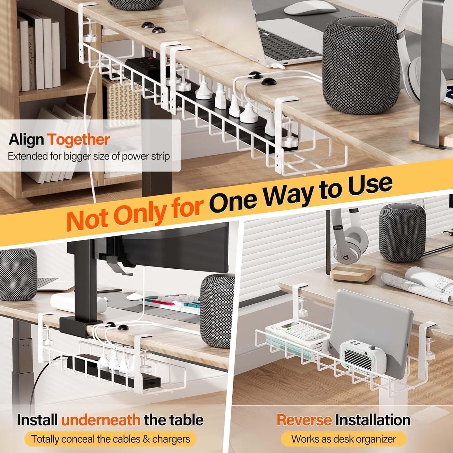 3 Pack Cable Management Under Desk Tray, 47.1" No Drill Under Desk Wire Management with Upgraded Clamp, Metal Cord Organizers with Cable Organizers, PC Cord Organization Rack, White