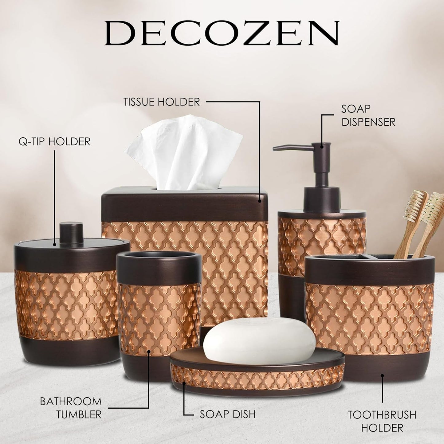 6-Piece Bathroom Accessories Set – Soap Dispenser, Toothbrush Holder, Tumbler, Soap Dish, Cotton Swab Jar & Toilet Brush – Modern Bathroom Decor Set (Wally)