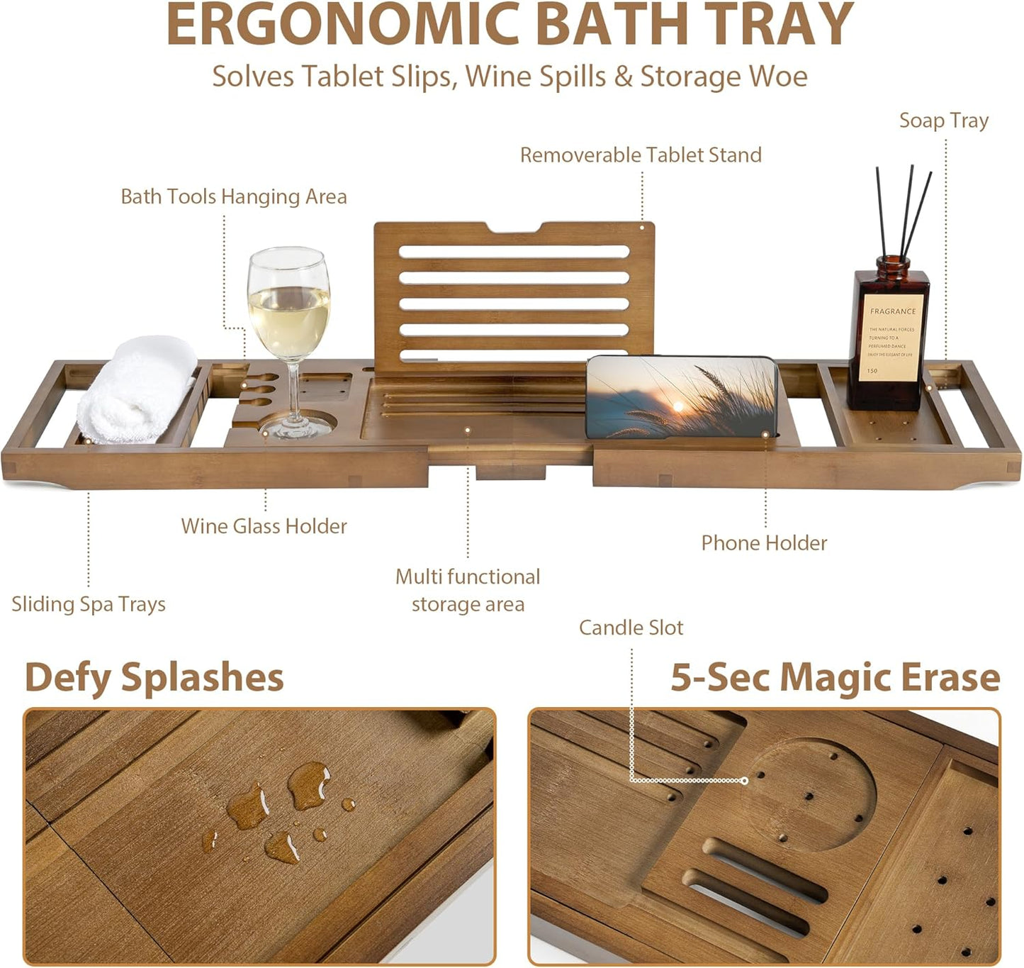 Bamboo Bathtub Tray Caddy - Splash-Proof Adjustable (28.5-40") with Wine Holder, Tablet Stand & Non-Slip Grip | Spa-Grade Organizer for Bath Essentials & Reading- Walnut