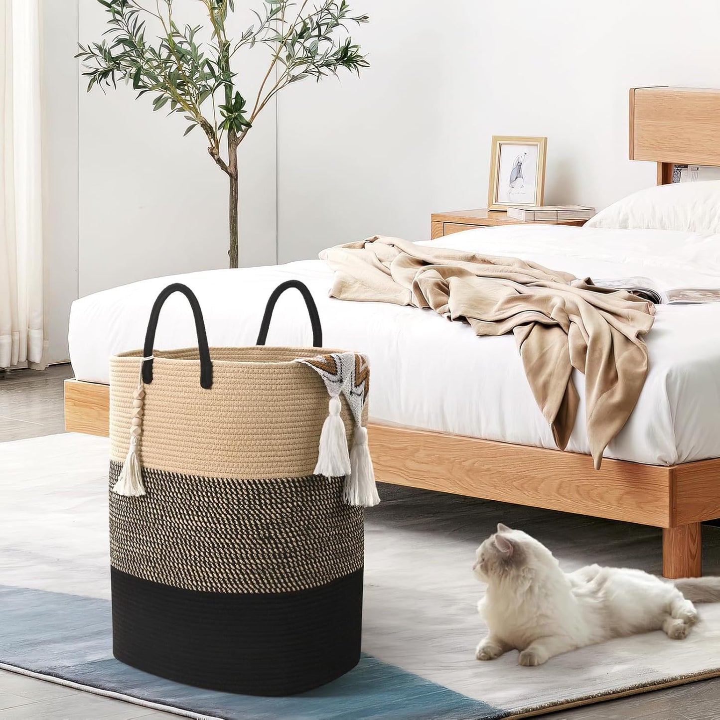 Woven Laundry Basket for Clothes, 80 L Large Rectangle Laundry Hampers with Beads Tassel, Nursery Storage Basket for Toys, Tall Dirty Clothes Hamper for Bedroom Aesthetic, Laundry Room Organization