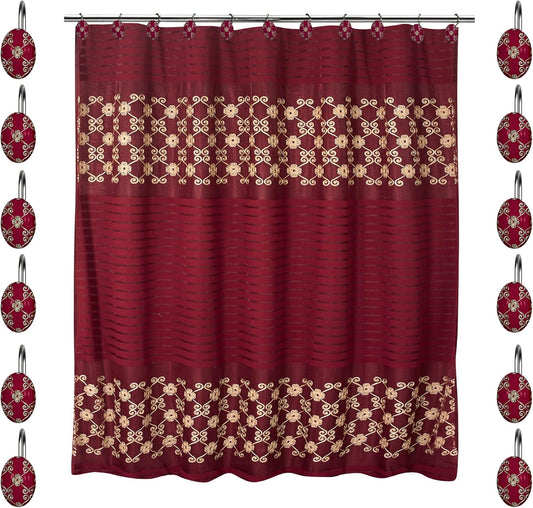 Zahari Home 13pc Elegant Rose Bathroom Shower Curtain Sets Elegant Shower Curtain & 12 Shower Curtain Rings Contemporary Decor Burgundy Shower Curtain Unique Design Stylish Shower Accessories
