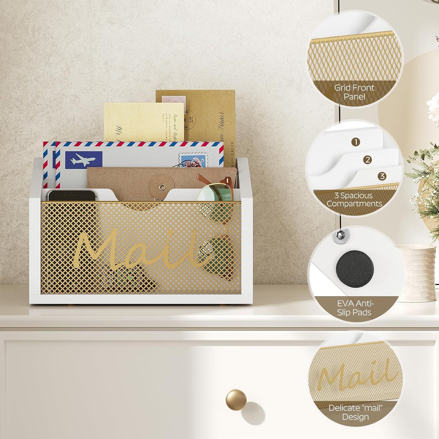 Mail Organizer Countertop, Mail Holder with 3 Slots, Mail Sorter for Desk, Wooden Office Desk Organizer, Mail Organizer for Magazines, Files, Papers, Folders, White and Gold MR03DW