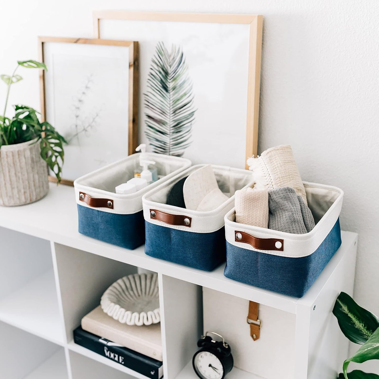 OrganiHaus Small Fabric Storage Baskets for Shelves 3 Pack, 12x08in Closet Storage Bins for Shelves, Canvas Baskets for Organizing, Linen Closet Organizers, Cloth Basket, Navy Blue/Off-White