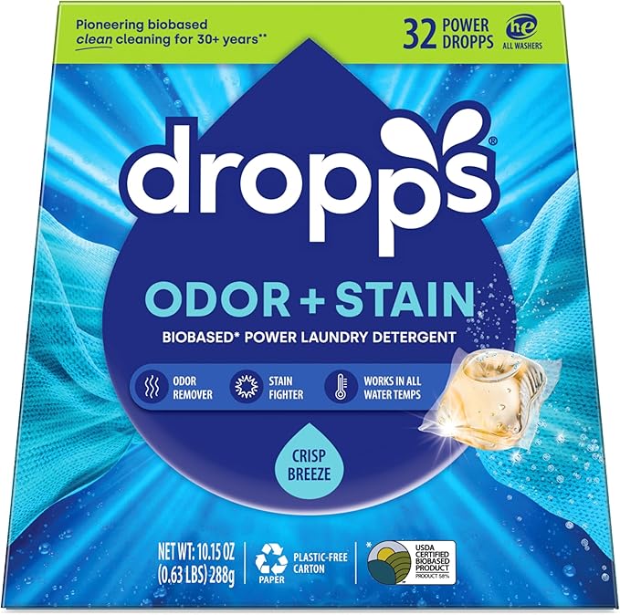 Dropps Odor & Stain Biobased Power Laundry Detergent Pods, Crisp Breeze HE Compatible Laundry Pods for Fresh Clothes - Laundry Soap Supplies & Recyclable Paperboard Packaging