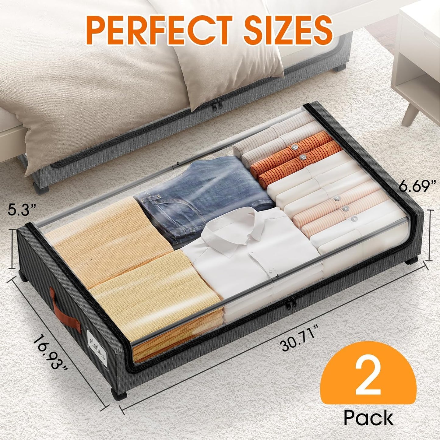 Under Bed Storage with Wheels 2Pack Storage Containers with Clear Window&Label Under Bed Drawers Rolling Under Bed Storage for Clothes,Shoes, Blankets (30.71 x 16.93 x 6.69 in, Dark Grey)