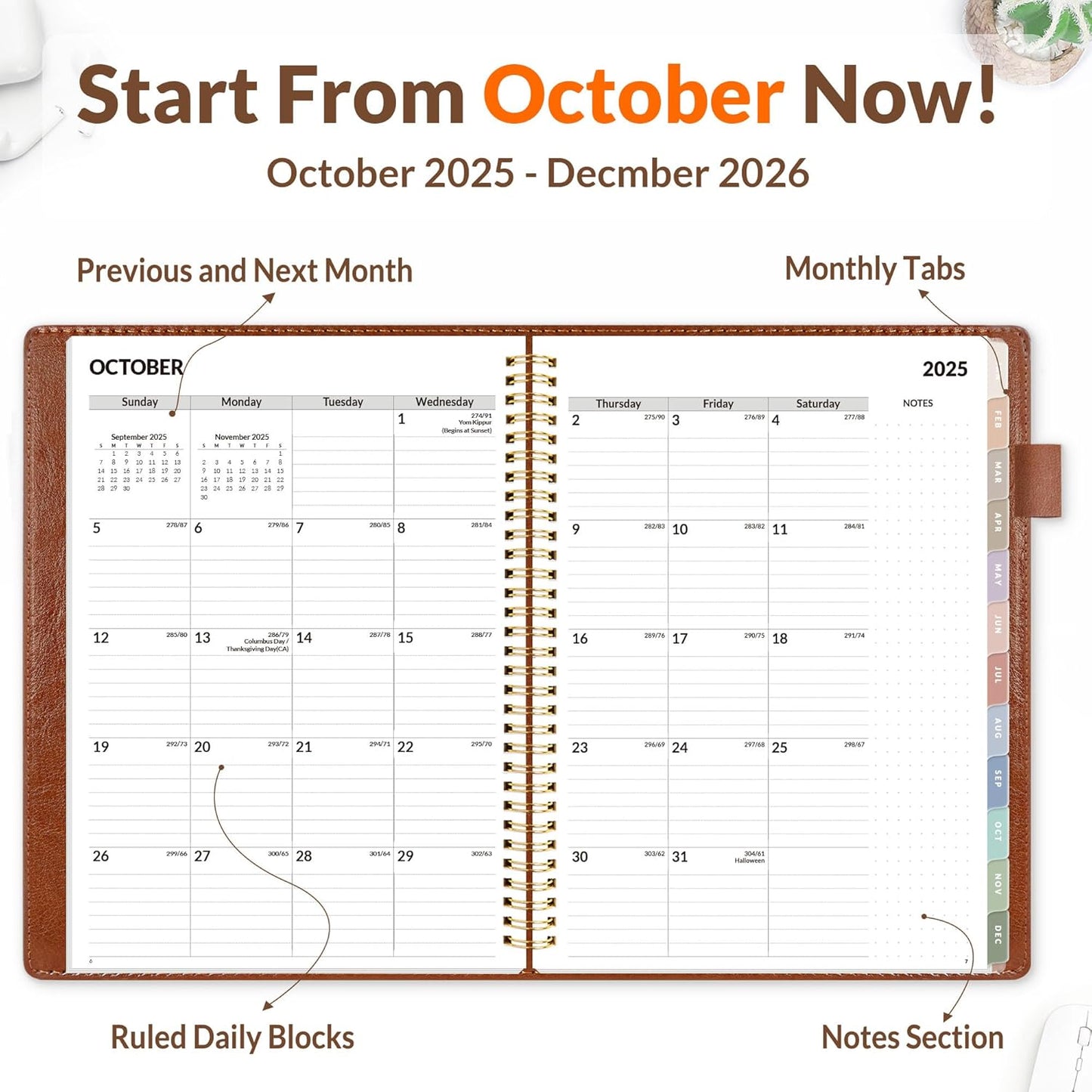 SUNEE 2026 Weekly & Monthly Planner 9"x11.2"- 12 Month (January 2026 - December 2026), Vegan Leather Cover, Pocket, Bookmark, Notes, Monthly Tab, Brown