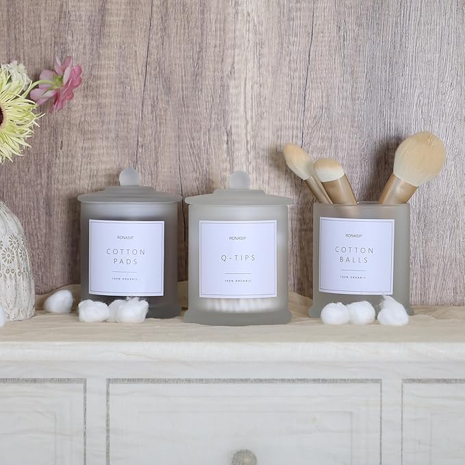 3 Pack Qtip Holder Dispenser, 16oz Bathroom Organizer and Storage Canisters, Glass Apothecary Jars with Lid - Home Decor, Room Decor Aesthetic (Frosted White)