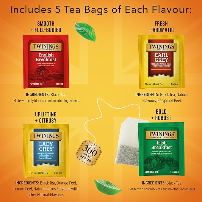 Twinings Variety Pack Black Tea Bags, 20 Count (Pack of 1), Includes English Breakfast, Earl Grey, Irish Breakfast, and Lady Grey, Caffeinated, Enjoy Hot or Iced, 20 Teabags