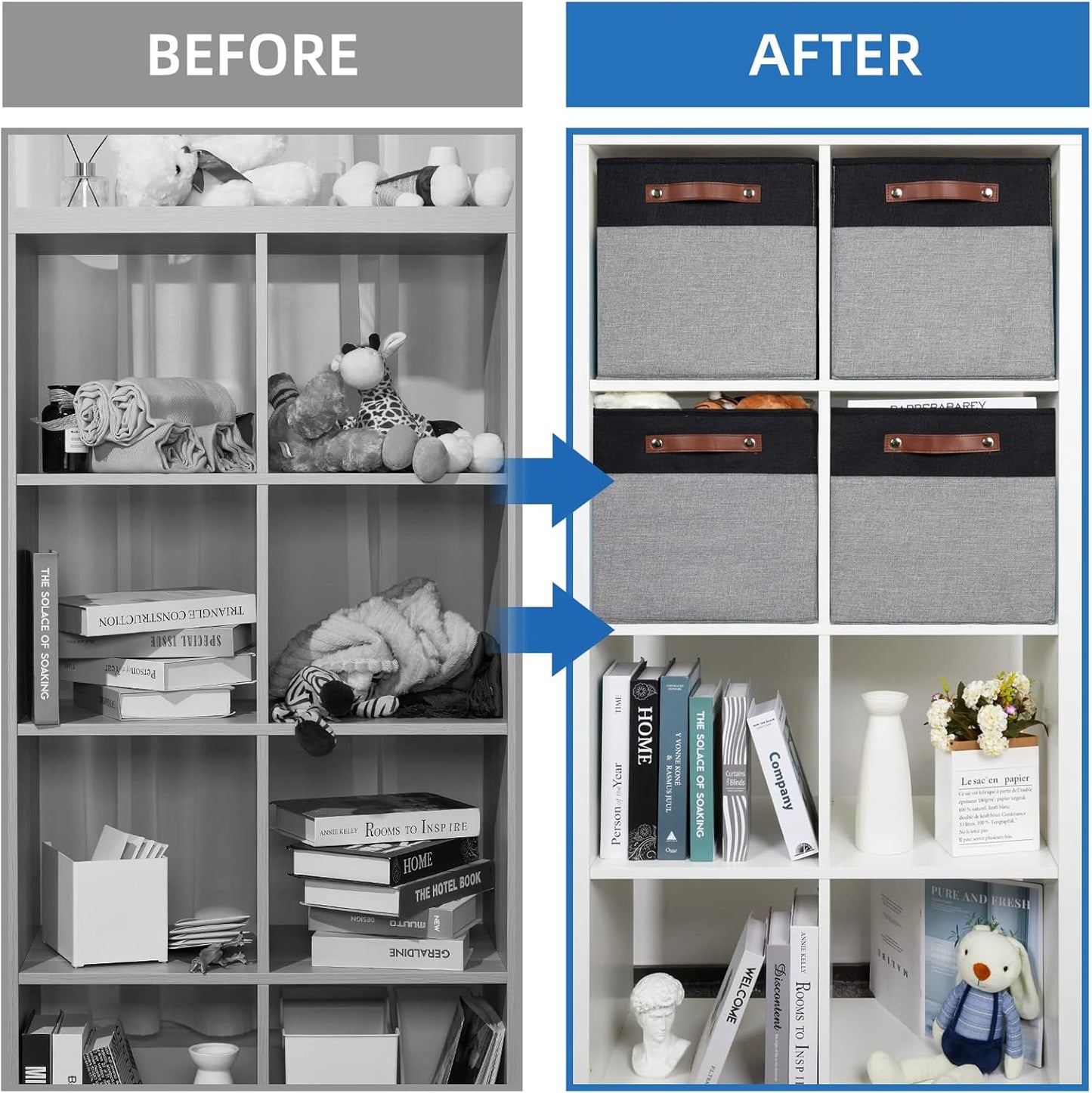 Temary Fabric Cube Storage Bins 12 Inch Decorative Storage Cubes Baskets 4 Pack Foldable Cube Storage Bins for Closet, Shelves (Black&Grey)