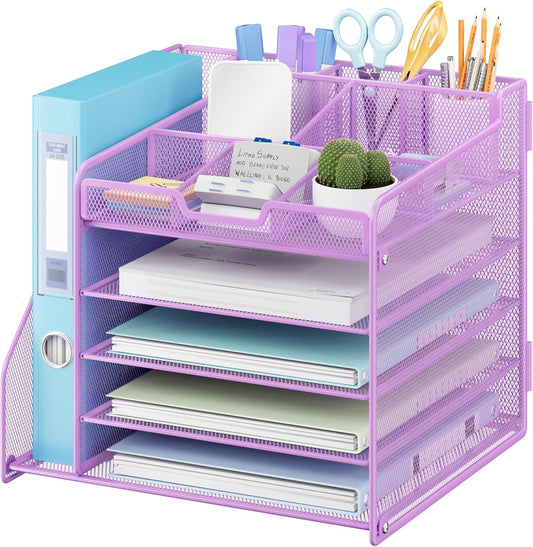 Lavatino 5-Tier Metal Mesh Desk Organizer with File Holder & 7 Customizable Compartments | Paper Letter Tray for Office or Home Desk Storage | Keep Workspace Supplies Neat & Organized, Purple