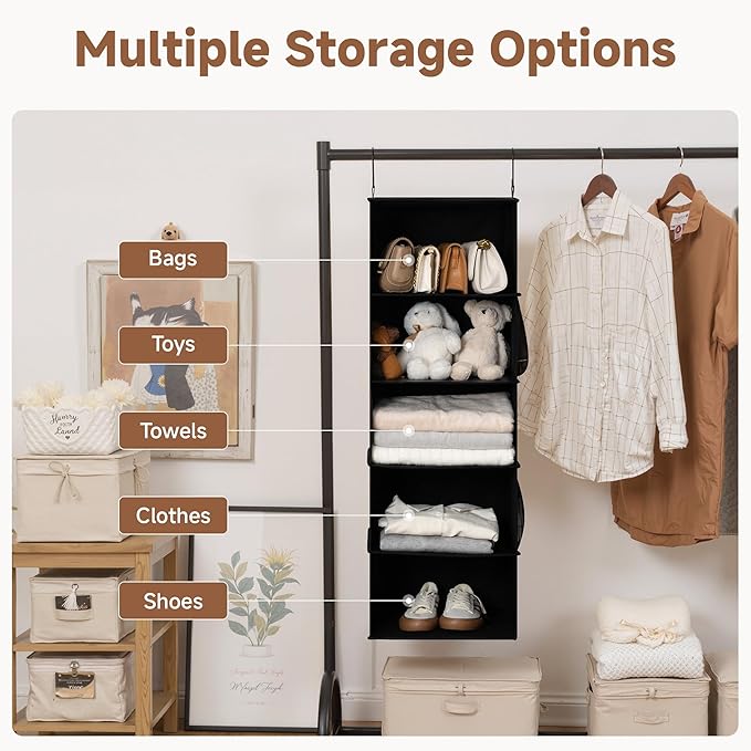 StorageWorks 5-Shelf Hanging Closet Organizers, Foldable Closet Storage Organizer with 2 Side Pockets, Portable Hanging Shelves for Clothes, Sweater, Towels, 13" D x 15" W x 47 ¾" H, Black