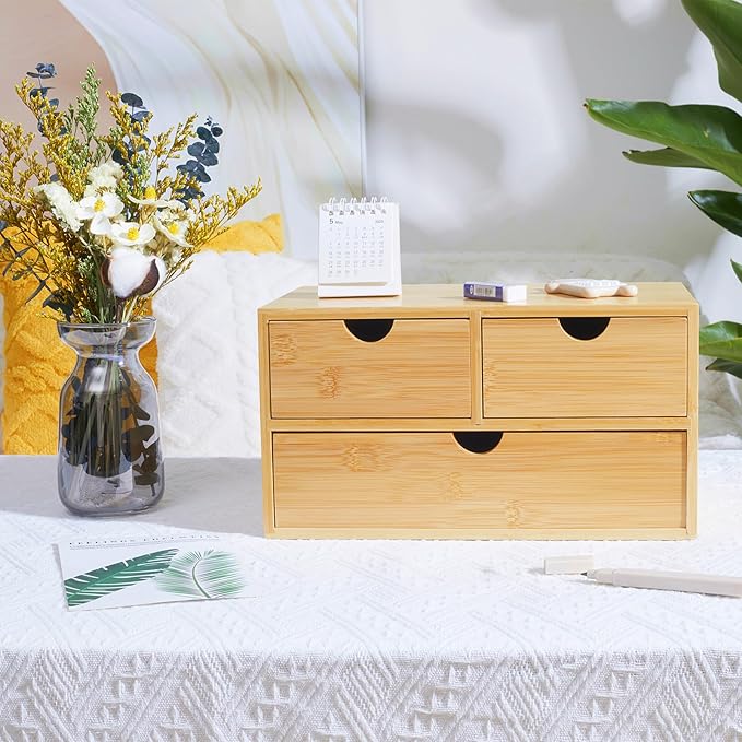Bamboo Desk Organizer with 3 Drawers, Countertop Organizer with Drawers Makeup Storage Drawer 3 Drawers Tabletop Storage Organization Box Home Office Workspace
